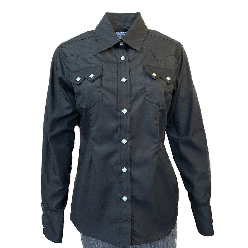Women's Solid Black Cotton Blend Western Shirt Trendy Ruffled Short Sleeve