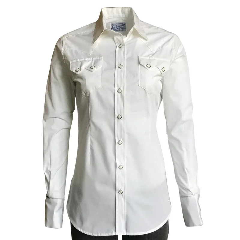 Women's Classic Pima Cotton Solid White Western Shirt Casual Loose Short Sleeve
