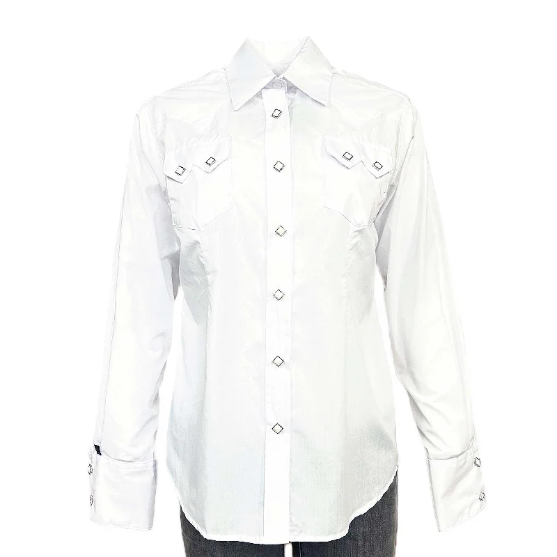 Women's Solid White Cotton Blend Western Shirt Relaxed Short Sleeve Tee
