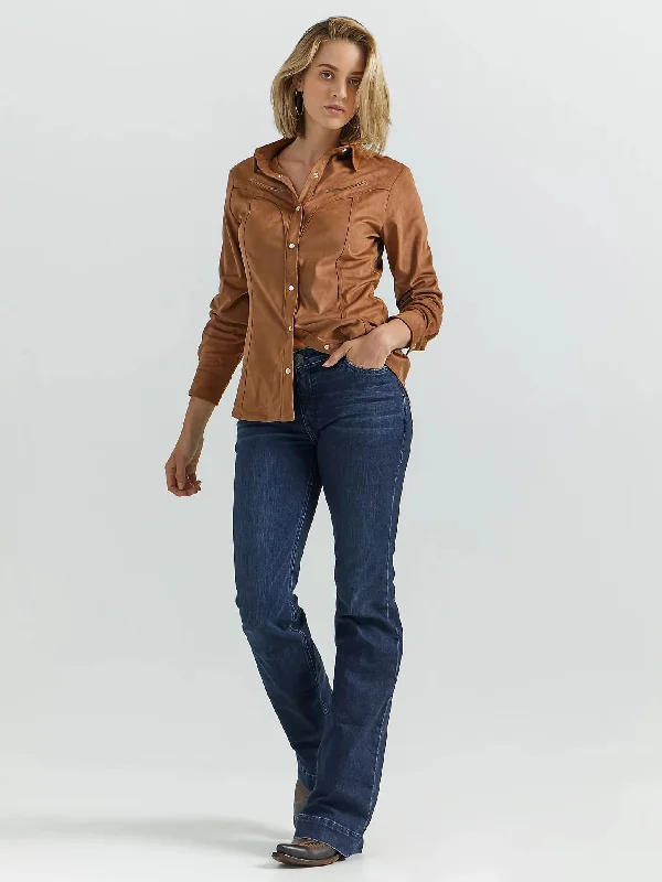 Wrangler Women Suede Rodeo Snap Shirt Trendy Short Sleeve Tunic