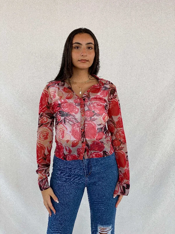 Y2K Mexx Floral Sheer Shirt Classic Casual Short Sleeve