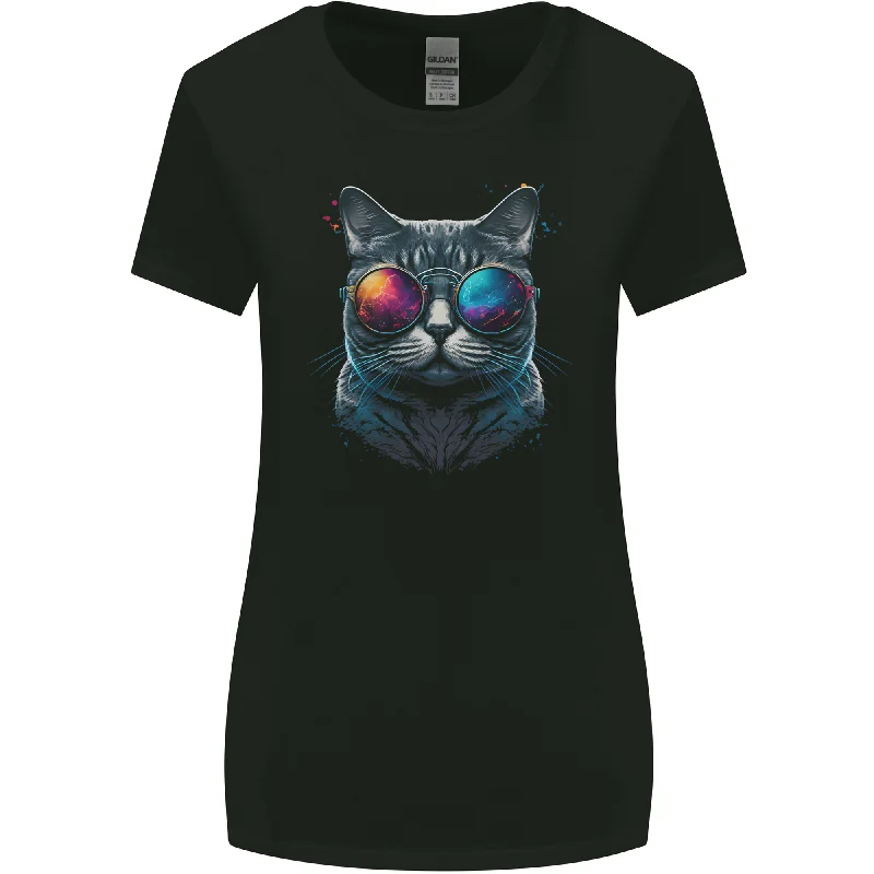 A Cool Cat With Cosmos Glasses Womens Wider Cut T-Shirt Jersey Fabric Tulle Fabric Batik Fabric A Cool Cat With Cosmos Glasses Womens Wider Cut T-Shirt Jersey Fabric Tulle Fabric Batik Fabric