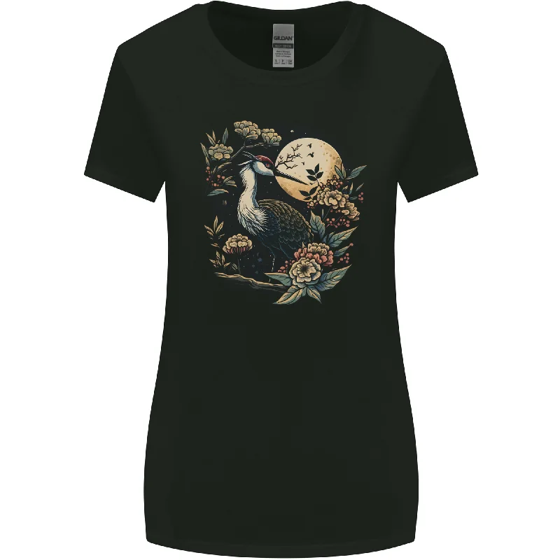 A Crane With Flowers and Moon Bird Womens Wider Cut T-Shirt Layered Multi-layer Single Layer