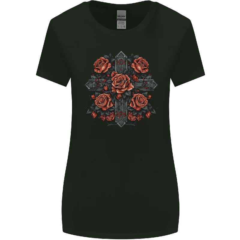 A Cross With Roses Womens Wider Cut T-Shirt Lace Blend Ribbed Blend Corduroy Blend