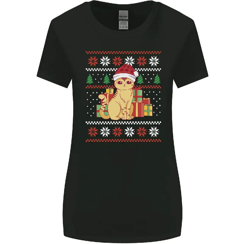 A Cute Christmas Cat With Presents Xmas Womens Wider Cut T-Shirt Polka Dot Checkered Tartan