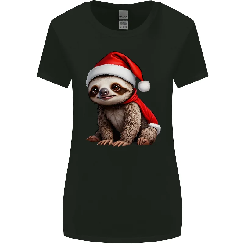 A Cute Christmas Sloth With Xmas Hat on Womens Wider Cut T-Shirt Polka Dot Checkered Tartan