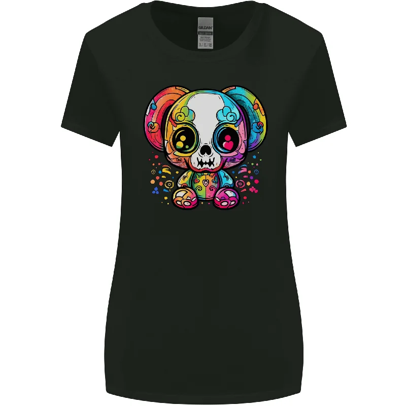 A Cute Teddy Bear Demon Skull Womens Wider Cut T-Shirt Notch Collar Peter Pan Collar Cowl Neck