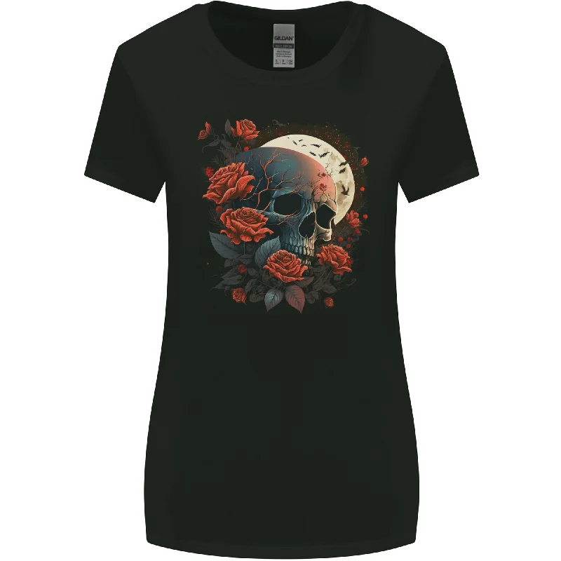 A Dark Fantasy Skull With Roses and Moon Womens Wider Cut T-Shirt Nylon Fabric Polyester Fabric Spandex Fabric