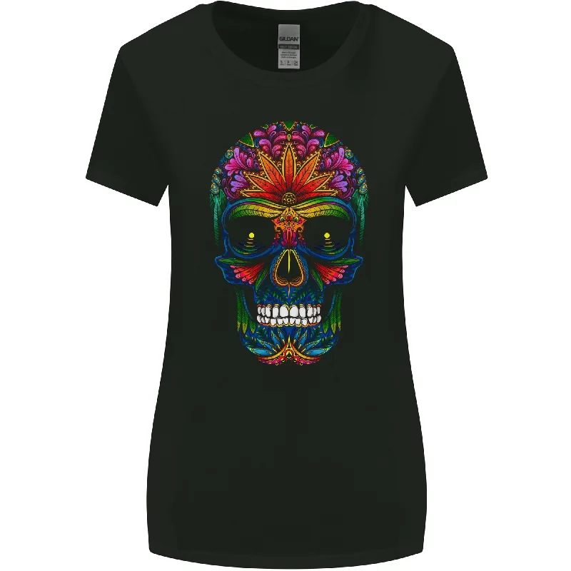 A Day of the Dead Sugar Skull Womens Wider Cut T-Shirt Solid Print Embellished