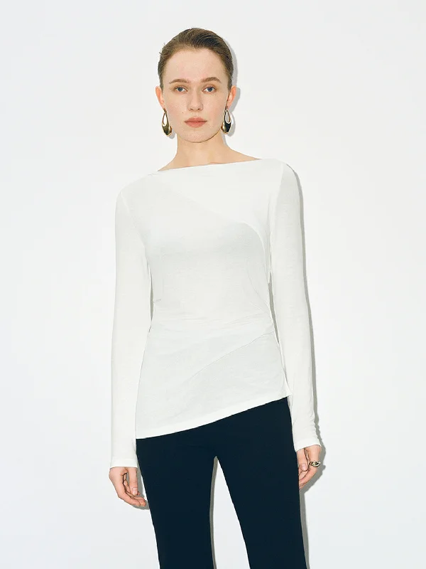 Asymmetric Neck Skinny T-Shirt Cashmere Blend Cotton Blend Poly Blend