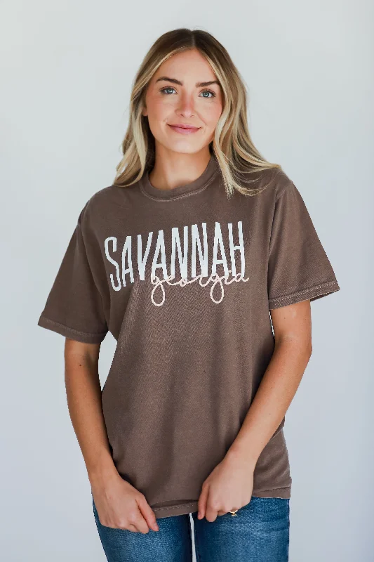 Brown Savannah Georgia Script Tee Zippered Buttoned Snapped