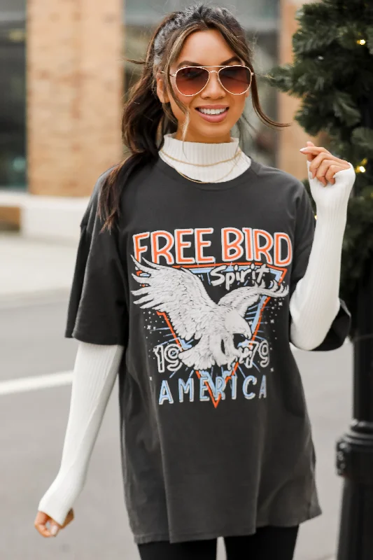 FINAL SALE - Charcoal Free Bird Spirit Oversized Graphic Tee Hooded Caped Shawl Collar FINAL SALE - Charcoal Free Bird Spirit Oversized Graphic Tee Hooded Caped Shawl Collar