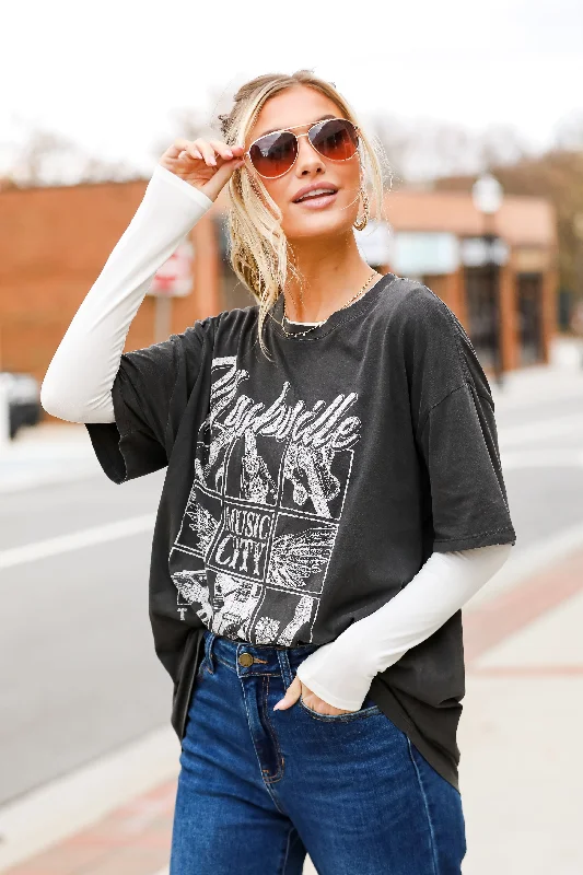 Charcoal Nashville Tennessee Music City Oversized Graphic Tee Hooded Caped Shawl Collar