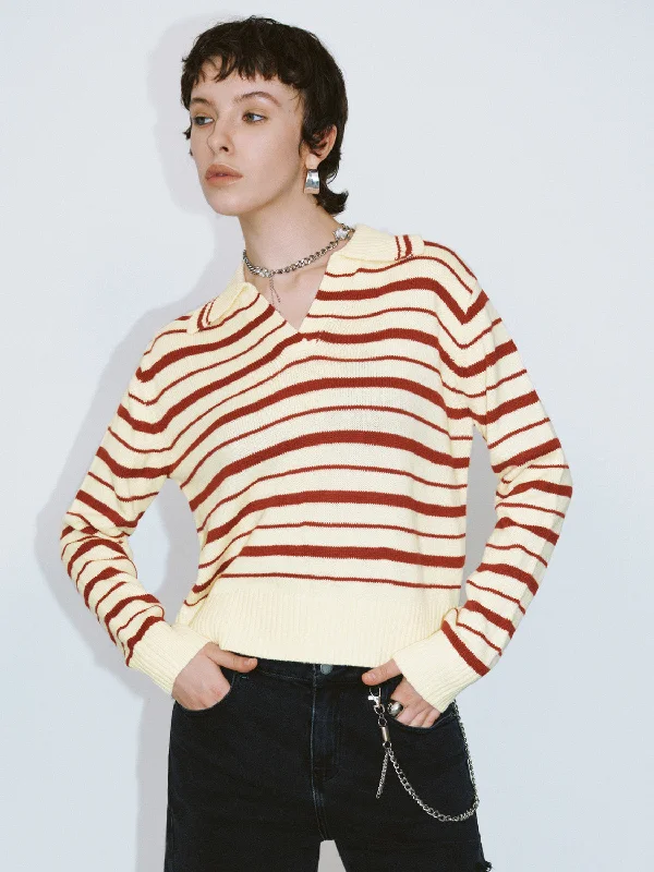 Collared Neck Striped Knitted T-Shirt Silk Blend Satin Velvet