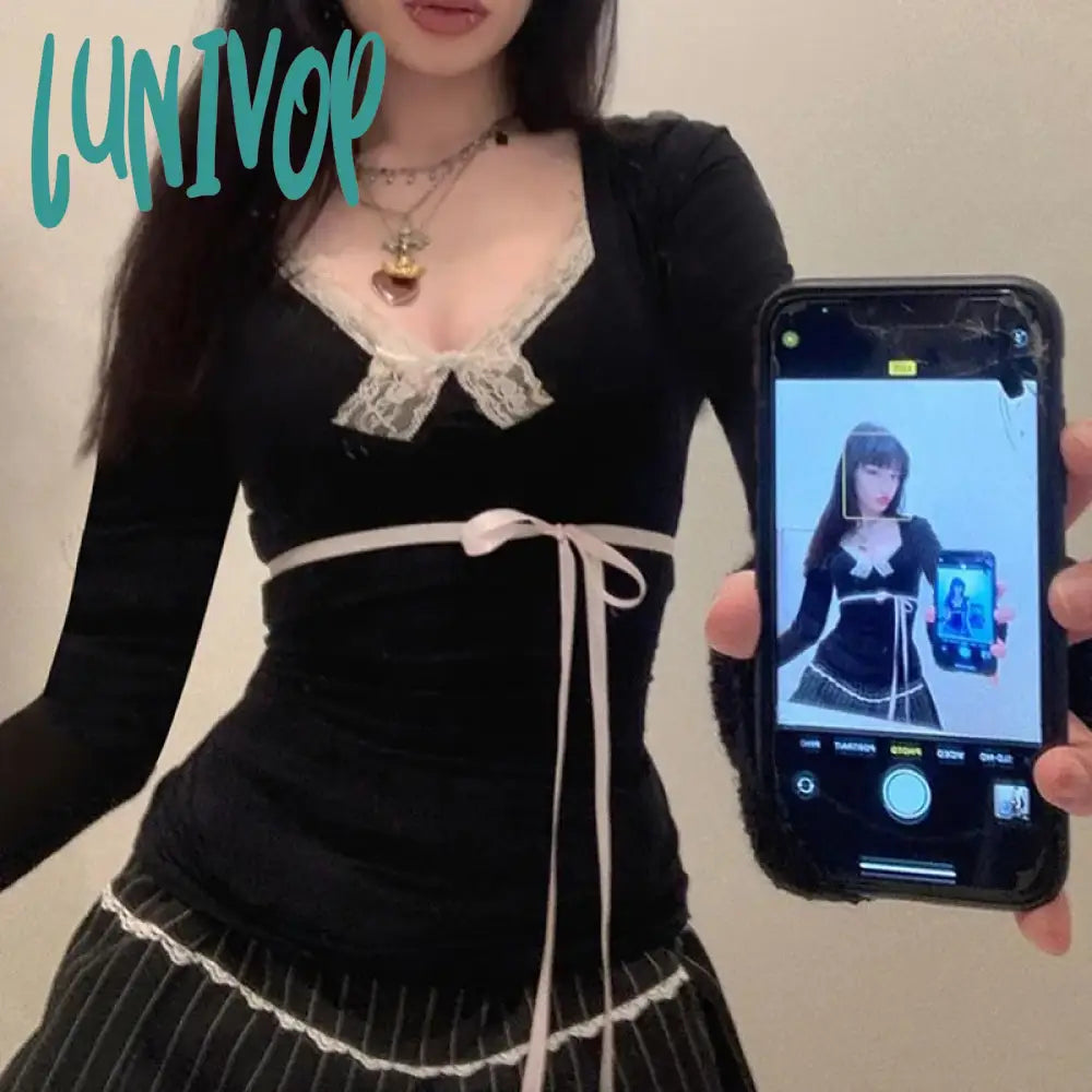 Lunivop Cottage Retro Y2K Milkmaid Tees Fairy Coquette Lace Trim Crop Tops Y2K Aesthetic Kawaii T-shirt Korean Slim Fit Women Clothes Fleece Fabric Down Fabric Feather Fabric