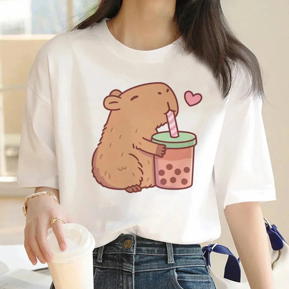 Cute Capybara Clothing T-Shirt Women Vintage Cartoon T Shirt Female Casual Anime Top Tees T Shirt Manga Women Graphic Tee Tops Chenille Fabric Brocade Fabric Lace Fabric
