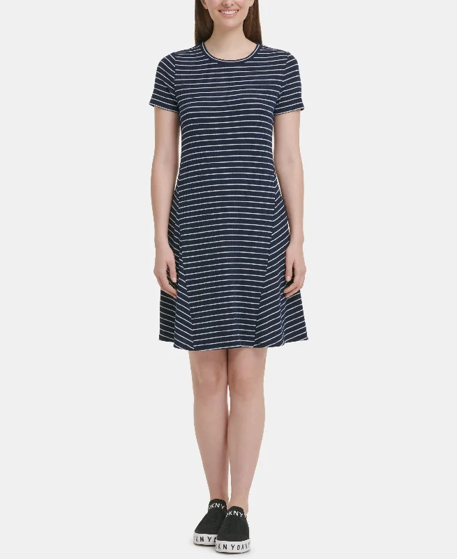 DKNY Striped T-Shirt Dress Collared Crew Neck Turtle Neck