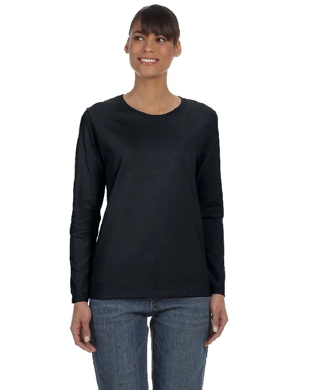 Gildan Ladies Long Sleeve 100% Cotton T-Shirt | Black Front Pockets Side Pockets Patch Pockets