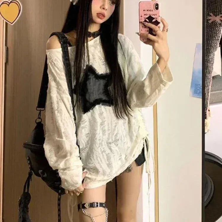 Grunge Hole T-shirt Women Fashion Star Print Y2k Aesthetic Loose Tees Kpop Fairycore Ripped Tshirt Harajuku Gothic Streetwear Machine Wash Dry Clean Hand Wash