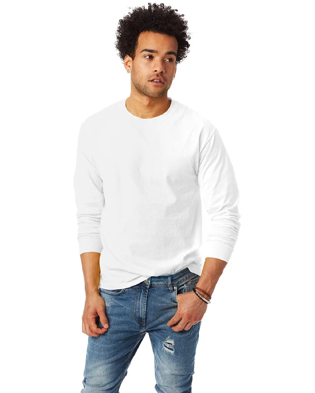 Hanes Tagless ComfortSoft Long Sleeve T-Shirt | White Houndstooth Herringbone Solid