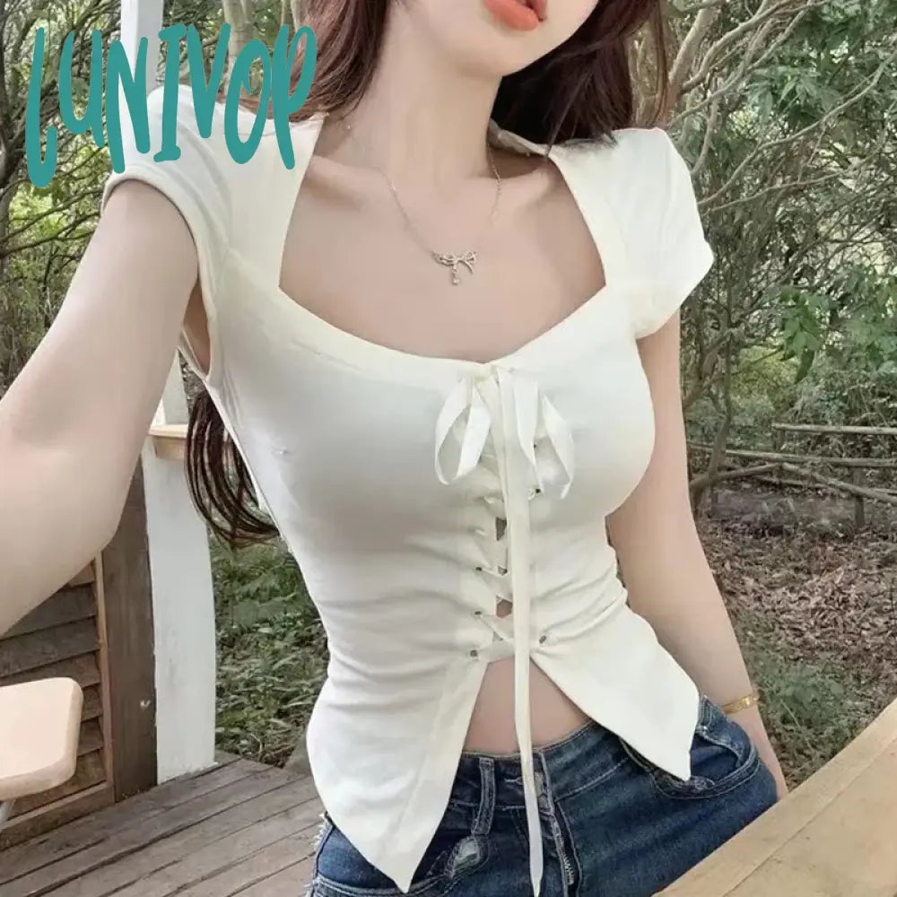 Lunivop High Street Korean Fashion T-Shirts Cross Bandage Design Gyaru Square Collar Crop Top Short Sleeve Daily Grunge Tees Clubwear Boxy Fit Fitted Loose