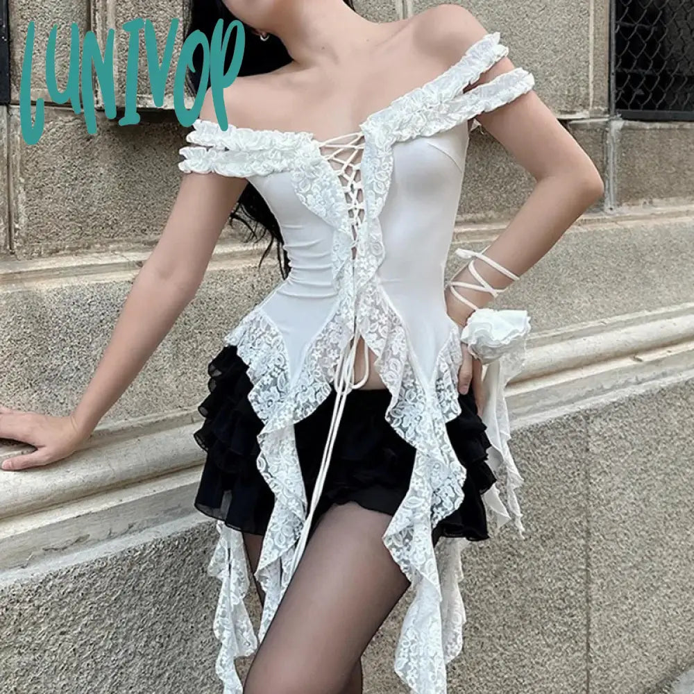 Lunivop Hollow Out Lace Crop Top Women Sexy Off Shoulder Bodycon Bandage Slim Tank Tops Ladies 2024 Folds Lace-up T-shirts Femme Solid Print Embellished Lunivop Hollow Out Lace Crop Top Women Sexy Off Shoulder Bodycon Bandage Slim Tank Tops Ladies 2024 Folds Lace-up T-shirts Femme Solid Print Embellished