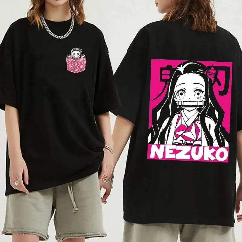 Japanese Anime Demon Slayer Women's T Shirt Nezuko Tshirt Female Tanjirou Kamado Graphic Tee Shirt Manga Y2k Black T-shirt Kwaii Satin Fabric Silk Fabric Chiffon Fabric