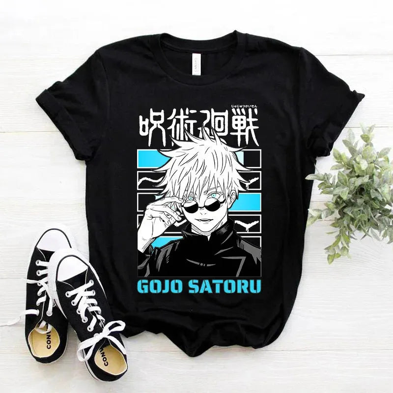 Japanese Manga Gojo Satoru T Shirt Women Tops Jujutsu Kaisen Anime T-shirt Unisex Harajuku Kawaii Short Sleeve Tee Summer Top Ribbed Striped Patterned