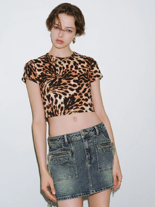 Leopard Printed Crew Neck Skinny T-Shirt Rayon Velvet Corduroy