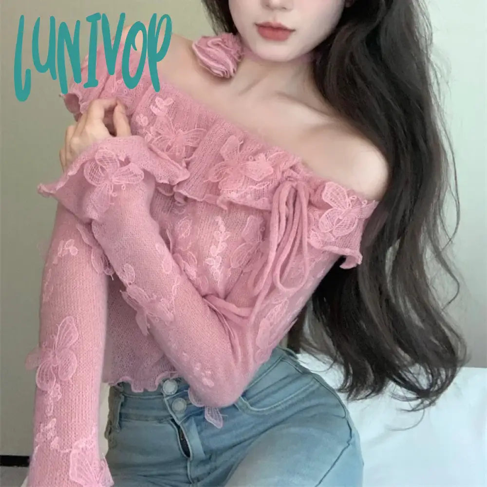 Lunivop 2024 Autumn for Women Crop Tops Vintage Korean Retro High Street Knit Butterfly Lace Decal T-Shirt Streetwear Tee Shirt Rayon Velvet Corduroy