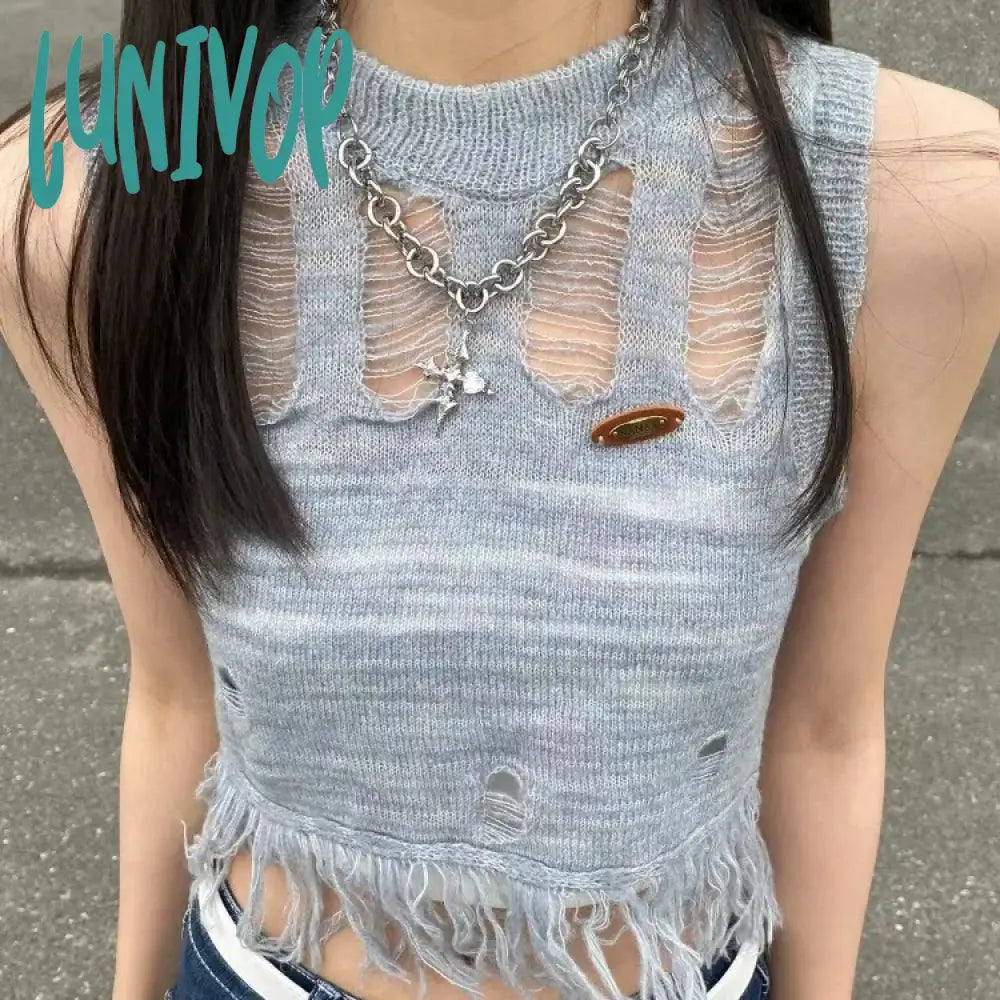 Lunivop 2024 Summer New Sleeveless T-shirts Vintage Fashion Hollow Out Hole Vet for Women Y2k Grunge Slim Fit Knitted Tops Mujer Layered Multi-layer Single Layer