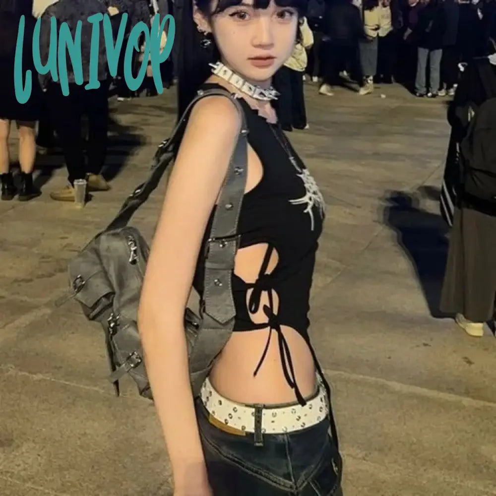 Lunivop American Punk Black Web Print Camisole Vests Summer New Slim Fit Lace Up T-shirts Y2k E-Girl Sleeveless Bottoming Tops Women Zippered Buttoned Snapped