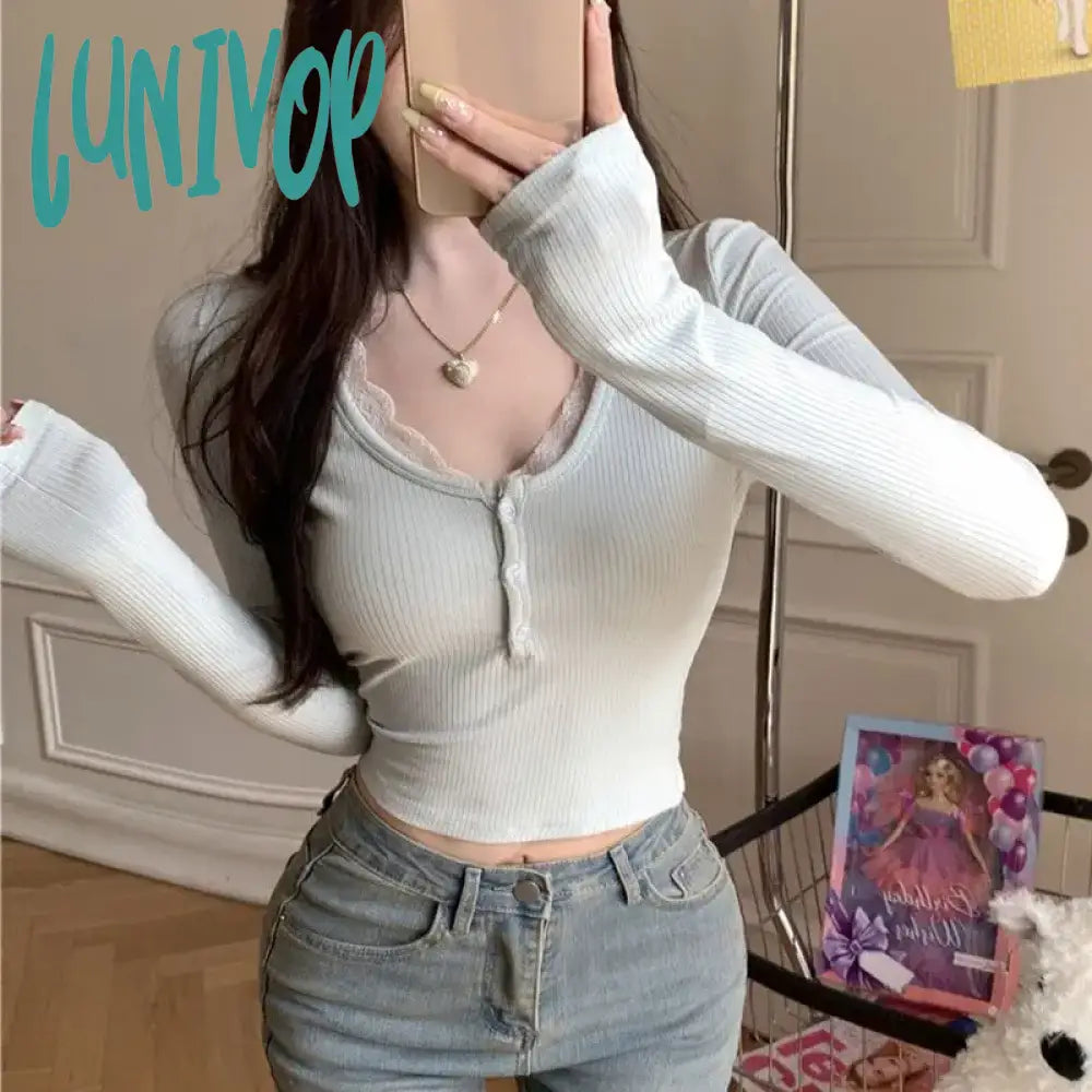 Lunivop Coquette Lace T-shirts Women Y2k Aesthetic Black Long Sleeve T Shirts Korean Fashion Slim Corset Crop Tops Female Sexy Ribbed T-Shirt High Neck Heavyweight