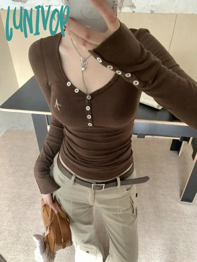 Lunivop Coquette Y2k Brown T-shirts Women Korean Style 90S Vintage Long Sleeve Tees American Retro Streetwear Slim Corset Tops Beaded Sequined Faux Fur