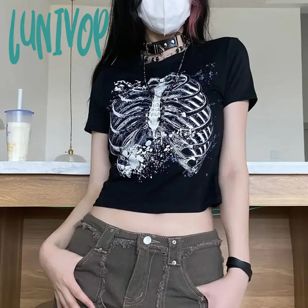 Lunivop Cropped T-shirt for Women Girl Goth Skeleton Horror Tee Tops Streetwear Tshirt Gothic Grunge Graphic Black Clothing Fitted T-Shirt Seamless Stretchy