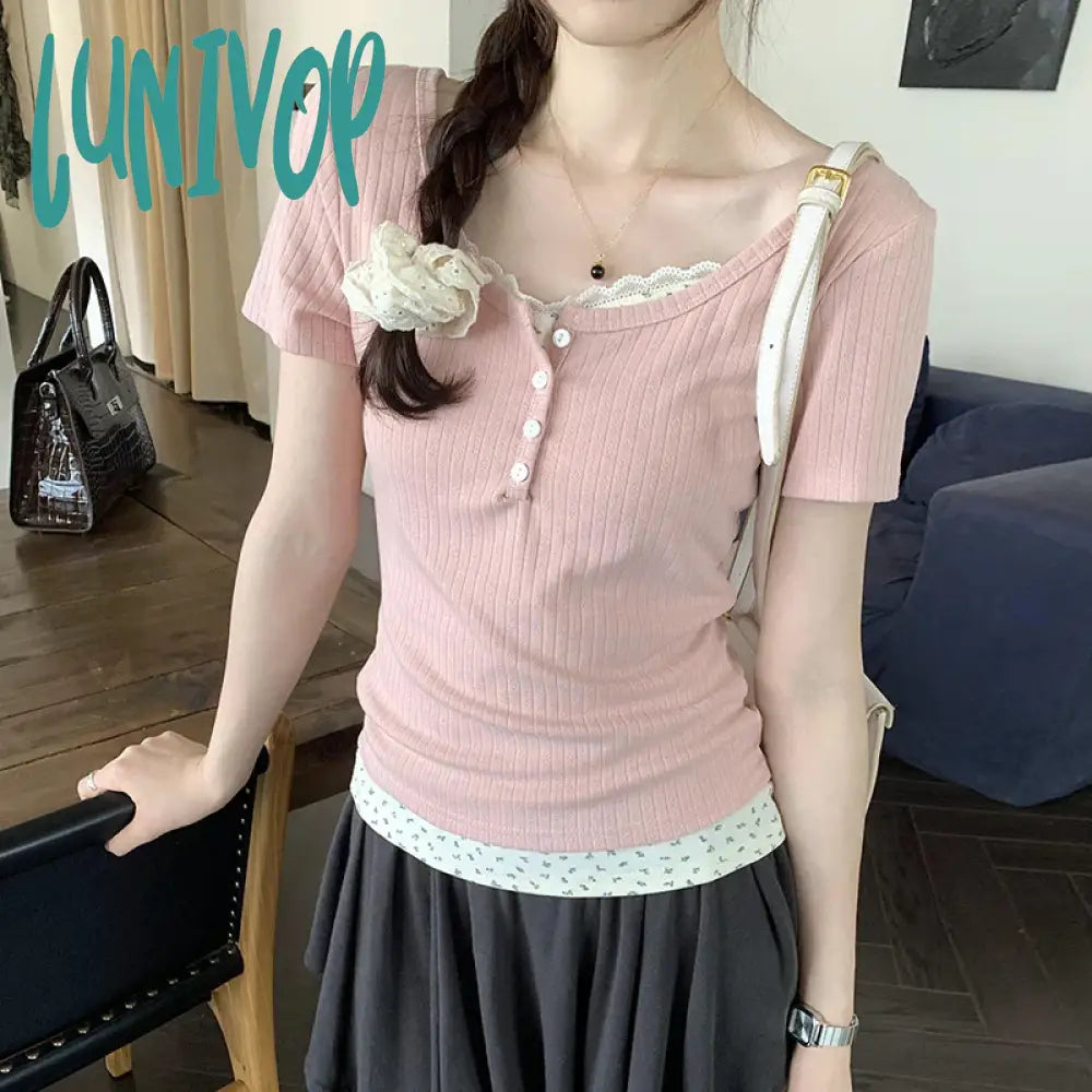 Lunivop Floral Lace Short Sleeve T-shirt Women's 2024 Summer New Korean Style Chic T Shirt Female Y2k Fake Two Piece Top Fashionable Trendy Casual