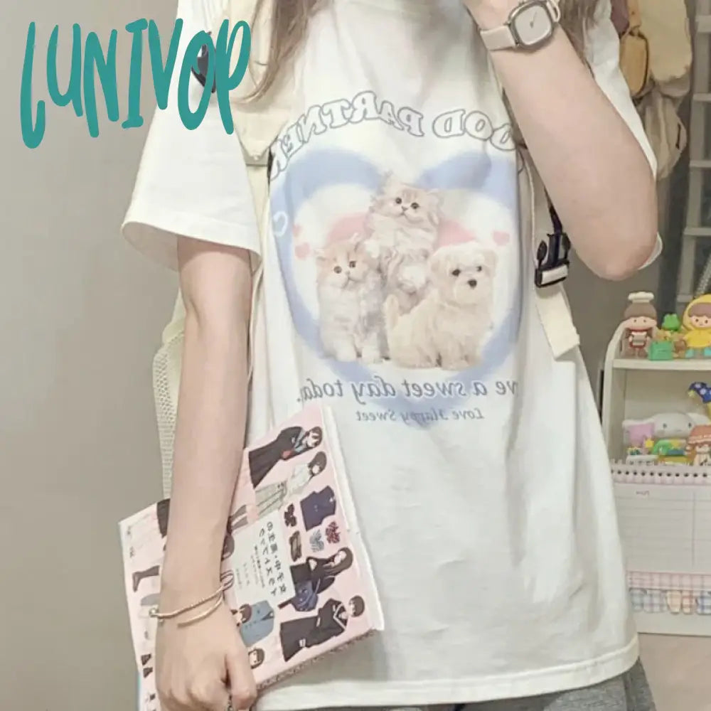 Lunivop Japanese Style Cat Print White T-shirts Women Sweet Kawaii Cute Short Sleeve Tees Harajuku Fashion Oversized Loose Tops Spandex Blend Rayon Blend Denim Blend