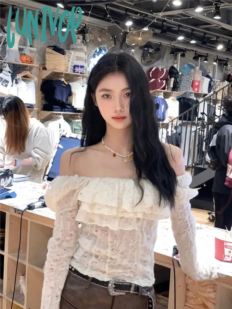 Lunivop Korean Chic Streetwear Slash Neck Tshirts Long Sleeve Y2k Aesthetic Fashion Women T-shirt Off Shoulder Fairy Lace Crop Top Femme Notch Collar Peter Pan Collar Cowl Neck