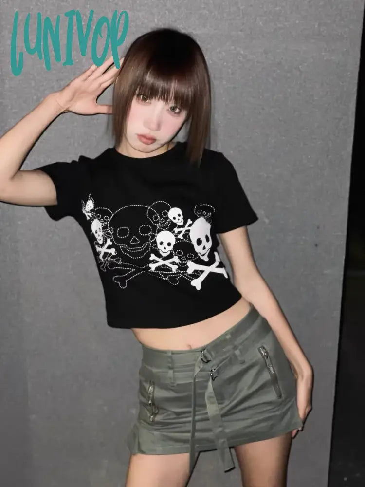 Lunivop Korean Fashion Women's Sexy Cropped Top Summer Short Shirts Croptop Harajuku Streetwear T-shirts Clothes Horror Skull Graphic Print Jacquard Patchwork