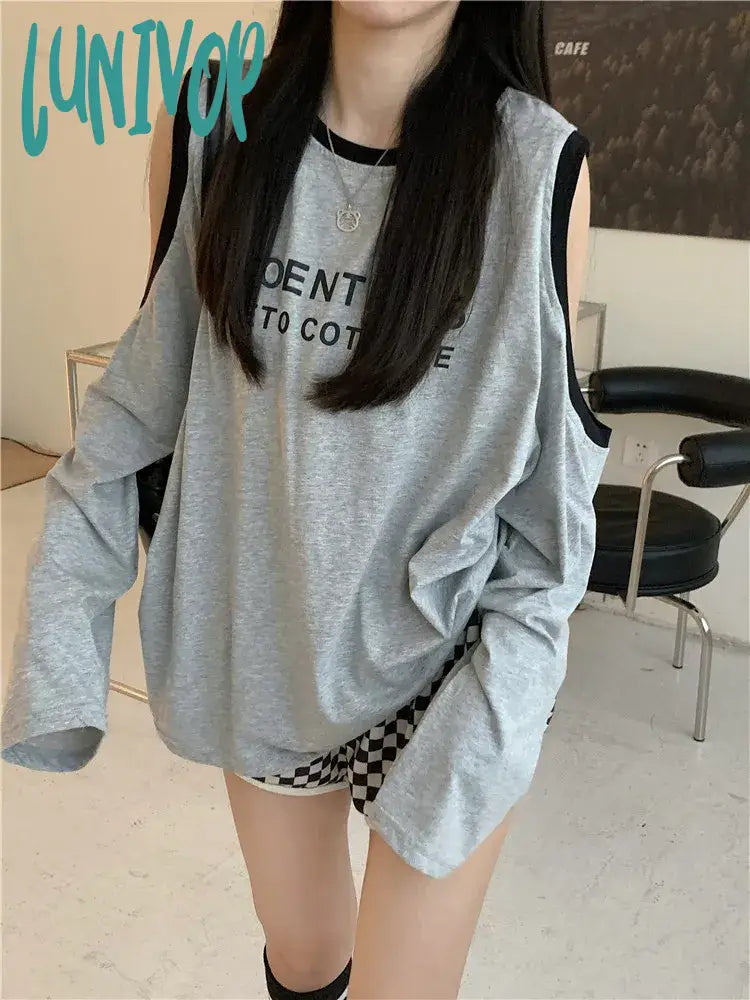 Lunivop Kpop Korean Style Off Shoulder Grey T-shirts Women Y2k Letter Oversized Long Sleeve Tees Harajuku Streetwear Loose Tops Cozy Warm Stylish