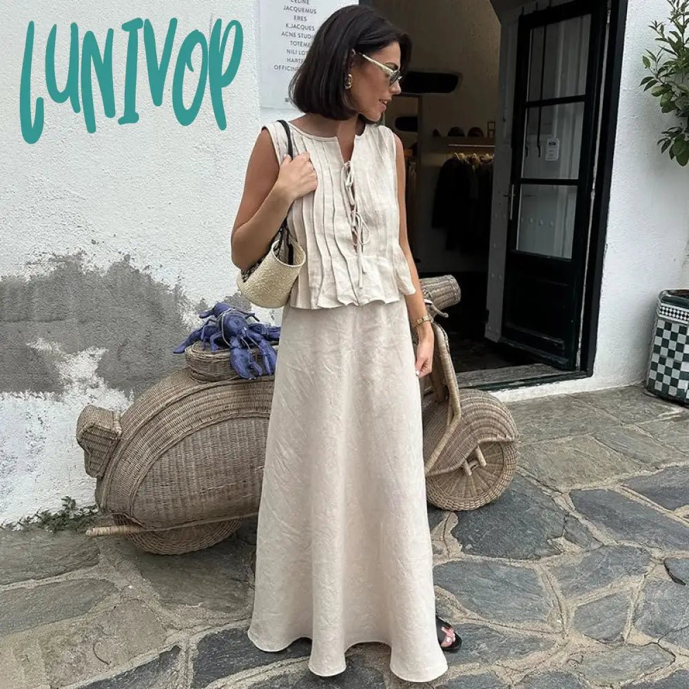 Lunivop Lace-up Cotton Linen Women's T-Shirt Frill Splice Solid Color Top Fashion Loose Sleeveless Hot Girl Club Party Top Summer Welt Pockets Slit Pockets