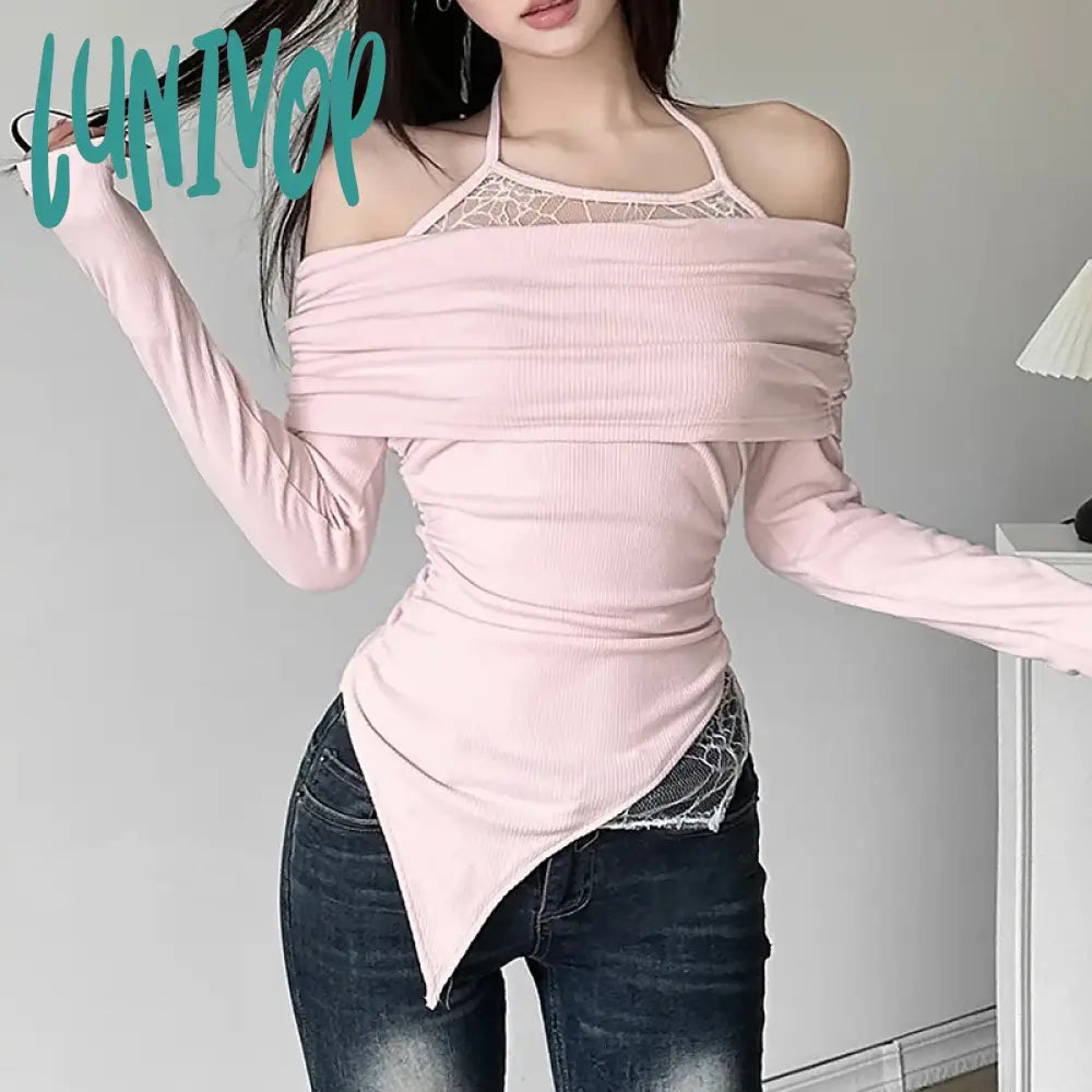 Lunivop New Y2k Aesthetic Vintage Lace Patchwork Women T-shirt Autumn Fashion Harajuku Asymmetry Tops Casual Trendy Bottoming Tee Femme Houndstooth Herringbone Solid