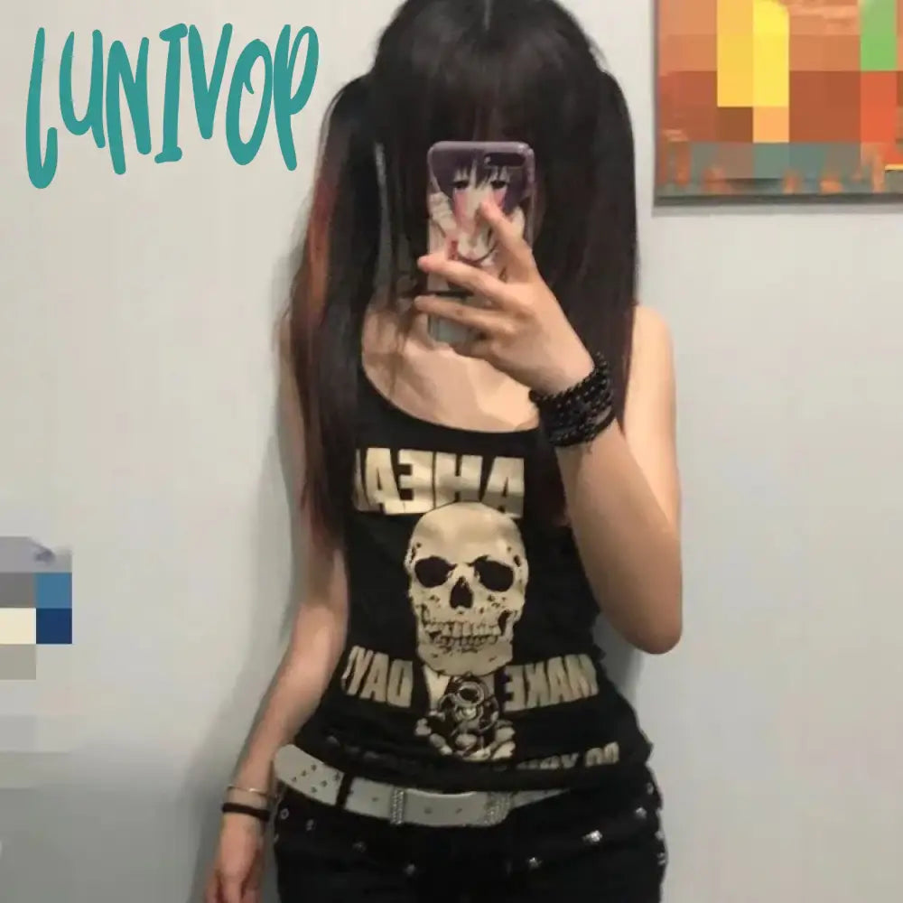 Lunivop Punk Skull Rose Print Vest T-shirts 2024 Summer New Sleeveless Tops Women Y2k Grunge O-neck Slim Fit Black Tee Shirt Houndstooth Herringbone Solid