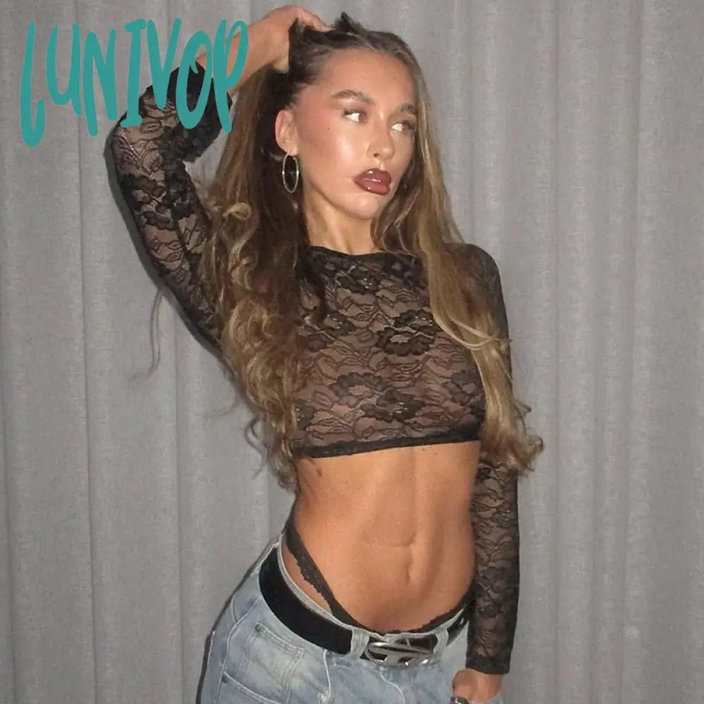 Lunivop See Through Lace Women's T-Shirts Black Sexy Lace Up Backless Crop Top Long Sleeve Summer Y2K Clothes Outfits Clubwear Knit Fabric Woven Fabric Fleece Fabric Lunivop See Through Lace Women's T-Shirts Black Sexy Lace Up Backless Crop Top Long Sleeve Summer Y2K Clothes Outfits Clubwear Knit Fabric Woven Fabric Fleece Fabric