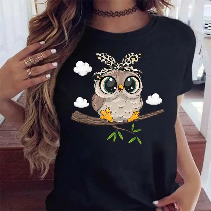 Maycaur Cartoon Owl Print T Shirt Women Kawaii Graphic Shirts Casual Short Sleeved Black Female Tee O-neck Harajuku T-shirts Anti-Shrink Durable Soft