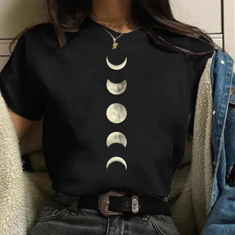 Moon Print T-shirts for Women Harajuku Summer T Shirt New Fashion Black Tops Funny Female T-shirt Casual Tee Woman Clothes Welt Pockets Slit Pockets Flap Pockets