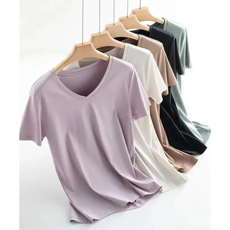 MRMT 2024 Brand New Women's Mulberry Silk Mercerized Cotton T Shirt Women T-Shirt Loose Simple V Neck Slim Short Sleeve Top Tees Satin Fabric Silk Fabric Chiffon Fabric