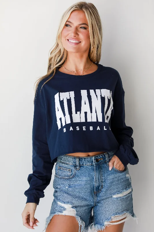 Navy Atlanta Baseball Cropped Long Sleeve Tee Real Fur Shearling Chenille