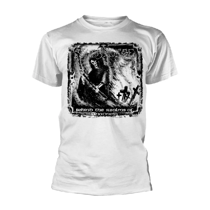 Sacrilege Unisex T-shirt: Behind The Realms Of Madness (White) (back print) Zippered Buttoned Snapped