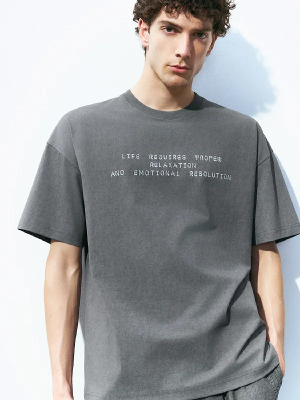 Printed Crew Neck Loose T-Shirt Mesh Canvas Denim